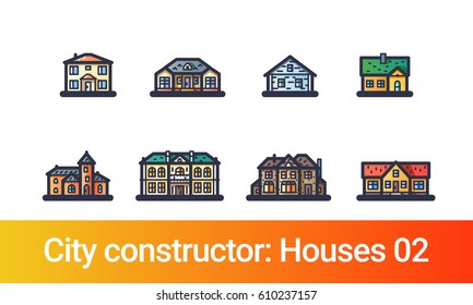 Abstract city constructor in flat line style. Set with icons of old and classic houses. Compatible with my other city constructor sets.