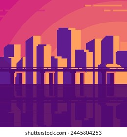 Abstract city in the evening at sunset background. Bright modern high-rise buildings in flat style illustration.