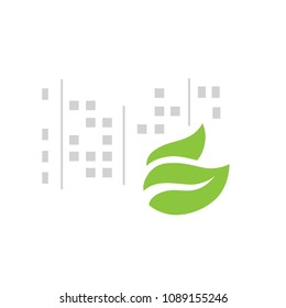 abstract city with green leafs,  logo