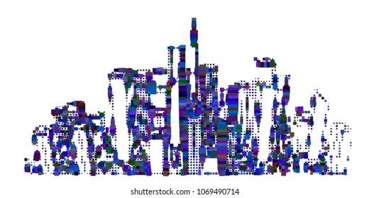 Abstract city. Isolated on white background. Vector illustration. Halftone pixel style.