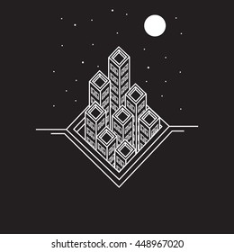 abstract city. line art. Flat Line design graphic image concept, elements layout of Urban Landscape.Creative Work Flow Items. Vector Illustration.background with stars