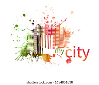 Abstract city made of blots. Mixed media. My city. Vector illustration