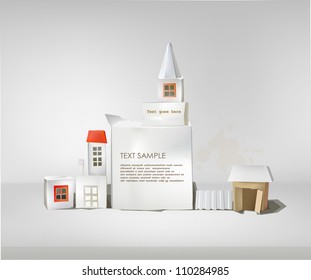 Abstract city made of paper cubes with space for text