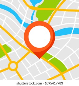 Abstract city map background with marker. Illustration of streets, roads and buildings.
