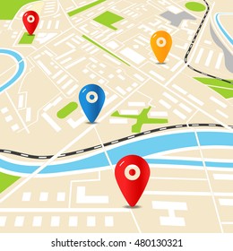 Abstract city map with color pins. Flat design illustration