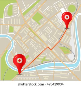 Abstract city map flat design illustration with red pins