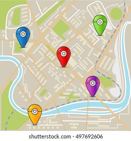 Abstract city map flat design illustration with color pins