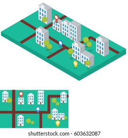 Abstract city map with gps signs. Flat and isometric infographic element, paper mock up buildings. Generic town architecture. Modern estate