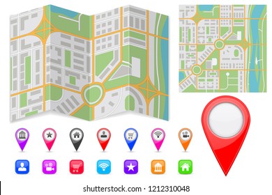 Abstract city map with location markers and icons. Vector 3d illustration isolated on white background