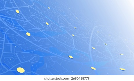 Abstract city map with location markers and road network in blue gradient perspective. A futuristic navigation and urban planning background. Vector illustration.