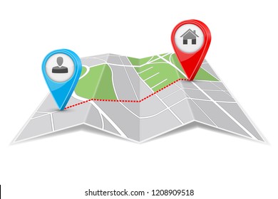 Abstract city map paper folded with destination route. Vector 3d illustration isolated on white background
