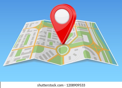 Abstract city map paper folded with location marker. Vector 3d illustration on blue background