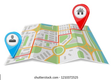 Abstract city map paper folded with destination route. Vector 3d illustration isolated on white background