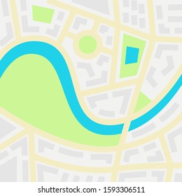 Abstract city map. Map with parks, river, houses. Navigation in the city. Bright stylish design for driving routes. Vector illustration.