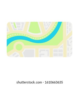 Abstract city map. Map with parks, river, houses. Navigation in the city. Bright stylish design for driving routes. Vector illustration.