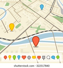 Abstract city map in perspective with different color pins