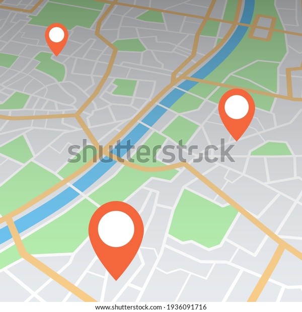 Abstract city map in perspective with pin\
pointers icons.\
Vector.