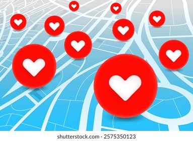 Abstract city map with red hearts symbols. 3d vector illustration
