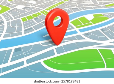 Abstract city map with red navigation pin. 3d vector illustration