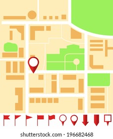 Abstract city map with set of map pins. Vector eps10