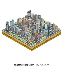 Abstract City Map with Streets and Buildings in Isometric Perspective