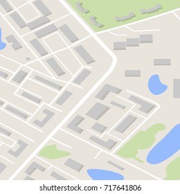 Abstract city map template with road, lakes, buildings and green area. Vector illustration