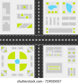 Abstract city map top view background with crossed road, water places, buildings and green areas. Vector illustration
