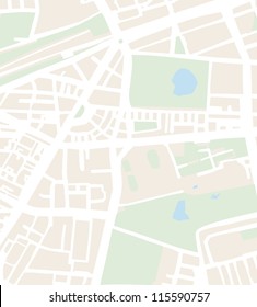 Abstract city map vector illustration with streets, parks and pond