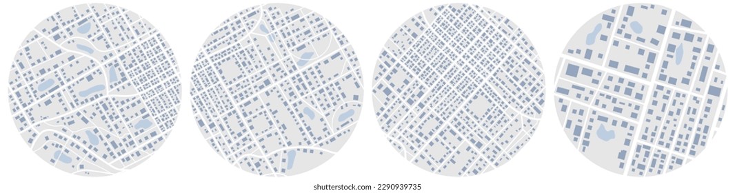 Mapas abstractos de la ciudad, fondo. Vista superior, vista desde arriba. Plan de distrito ficticio. Edificios residenciales de barrio. Vector, ilustración aislada en blanco.