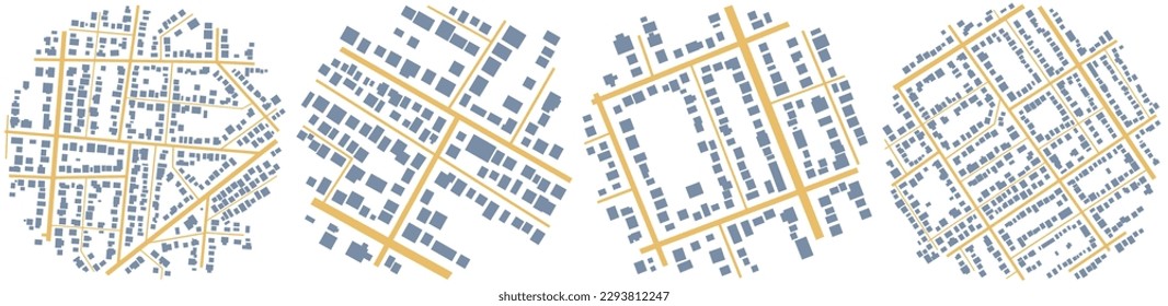 Mapas abstractos de la ciudad, fondo. Vista superior, vista desde arriba. Plan de distrito ficticio. Edificios residenciales de barrio. Vector, ilustración aislada en blanco.