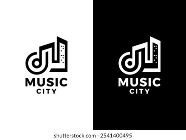 abstract city with music logo. building studio record icon vector design