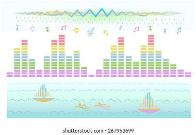 Abstract city. Musical rhythm design. background with radio signal, spectrum, equalizer, swimming man and waves. Environment design in music beat style.