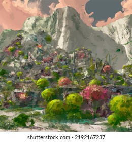 Una ciudad abstracta en la ladera de una montaña 