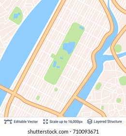 Abstract city plan. Generic city map of imaginary city. Light colored vector illustration.