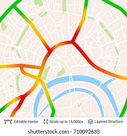 Abstract city plan with traffic jam. Generic city map of imaginary city. Light colored vector illustration.