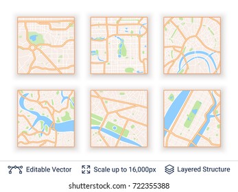 Abstract city plans collection. Generic city map of imaginary city. Light colored vector set.
