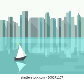 Abstract city with reflection on bay. Skyline urban background with downtown cityscape. Seaside scene of harbour with houses on the waterfront and yacht. Port town. Flat style. Vector file is EPS10.