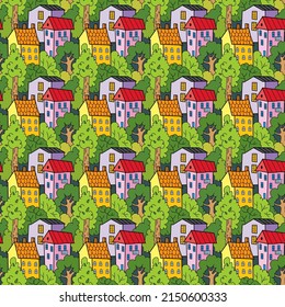 Abstract city with rooftops and trees. Vector seamless pattern. Cartoon style.
