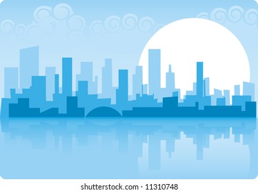 Abstract city sky-line background with big sun