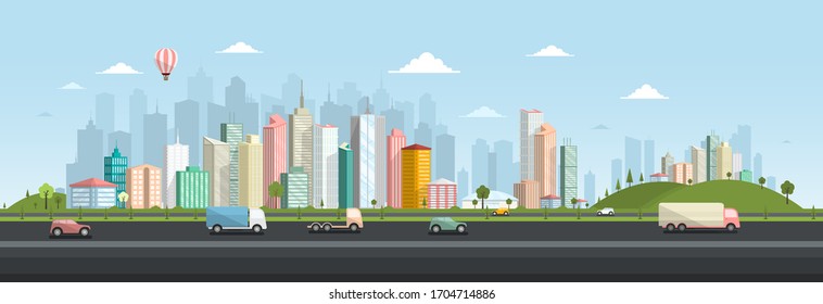 Abstract City Skyline with Cars on Asphalt Highway. Vector Flat Design Town with Skyscrapers and Trees.