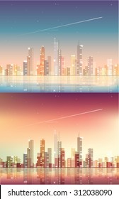 Abstract city skyline at night in blue and red colored sky versions. Tall skyscrapers with lights coming out of windows and streets.