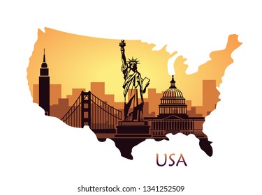 Abstract city skyline with sights of the USA at sunset. Vector illustration