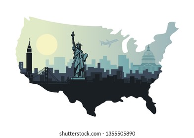 Abstract city skyline with sights of the USA at sunset. Vector illustration