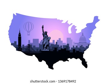 Abstract city skyline with sights of the USA at sunset. Vector illustration in the form of map