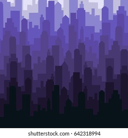 Padrão de silhueta do horizonte da cidade abstrato. Gradiente roxo. Ilustração vetorial