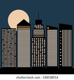Abstract City With Skylines, Moon And Lights