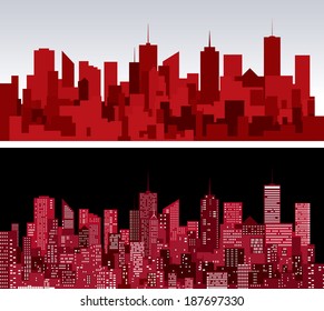 abstract city skylines in two red versions