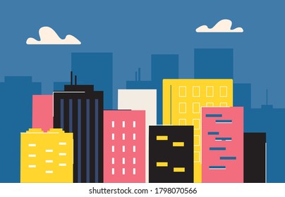 Abstract City With Skyscrapers. Urban City Center With Highrise Business Offices And Hotels Color Flat Design An Animated Modern Metropolis Building Exterior Of Metropolitan Vector Life.