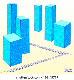 Abstract City Street. Graphical Blue Silhouette. Poster in a Flat Style. Vector 3d Illustration