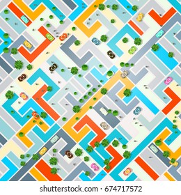 Abstract City Top View. Town with Cars, Trees and People. Vector Illustration. 